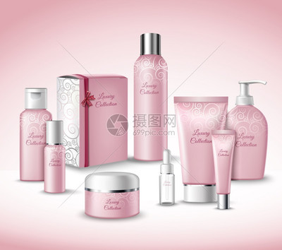 虛擬與現(xiàn)實(shí)的交匯 3D豪華化妝品美容護(hù)理產(chǎn)品包集矢量插圖設(shè)計(jì)